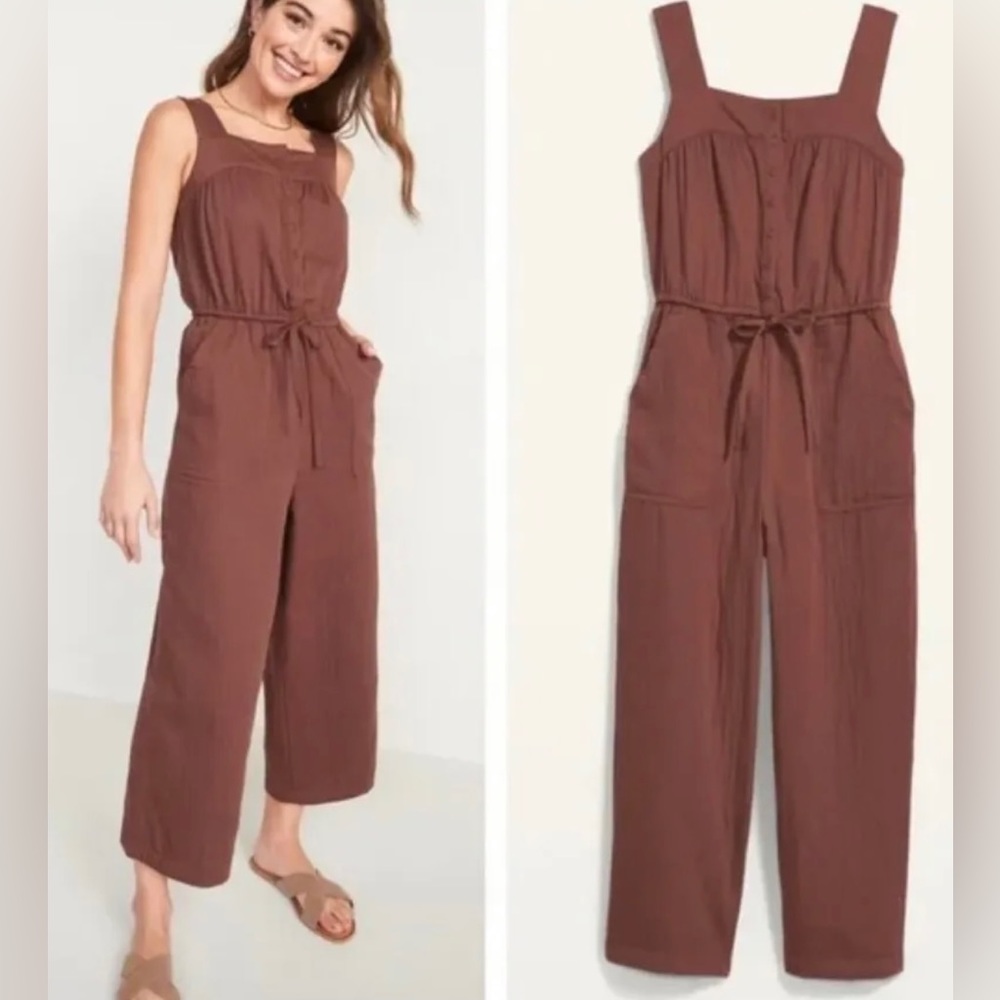 NWT Old Navy Womens Jumpsuit Tie Waist Twill Brown Mauve Wide Leg Romper XXL